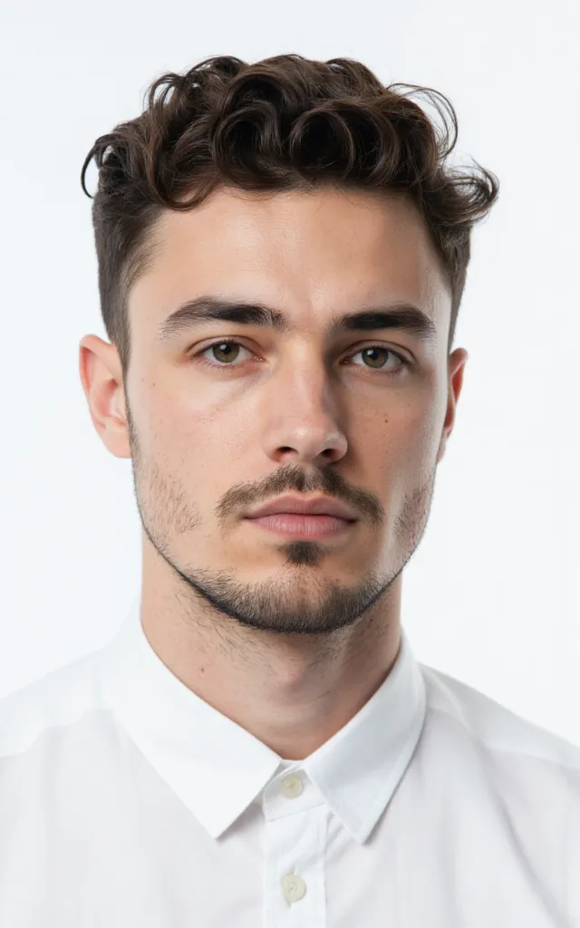 A French male model with a Fade, wearing a shirt, against a white background, in a front   facing bust portrait